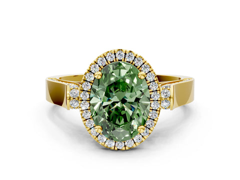 Yellow gold Fancy Green Oval Cut Halo Round Diamond Twist Band with Four-Prong Setting