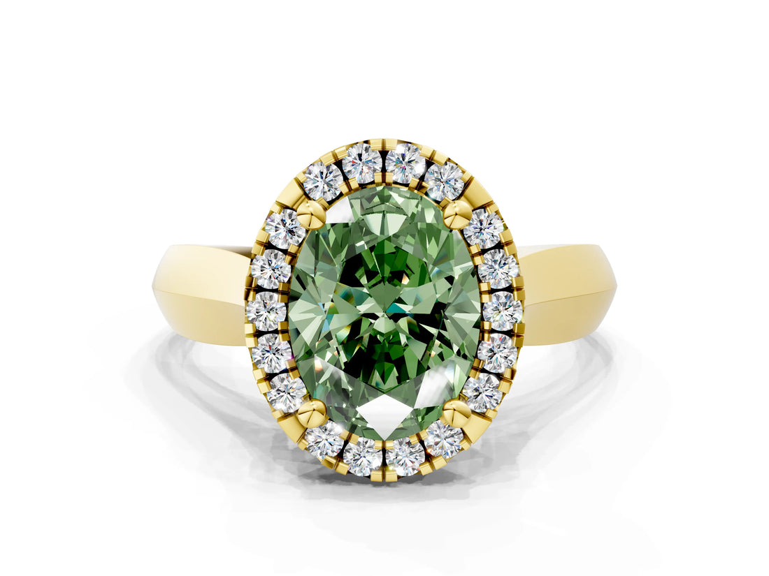 Yellow gold Fancy Green Oval  Cut Halo Solitaire Engagement Ring with Square Band and Four-Prong Setting_112