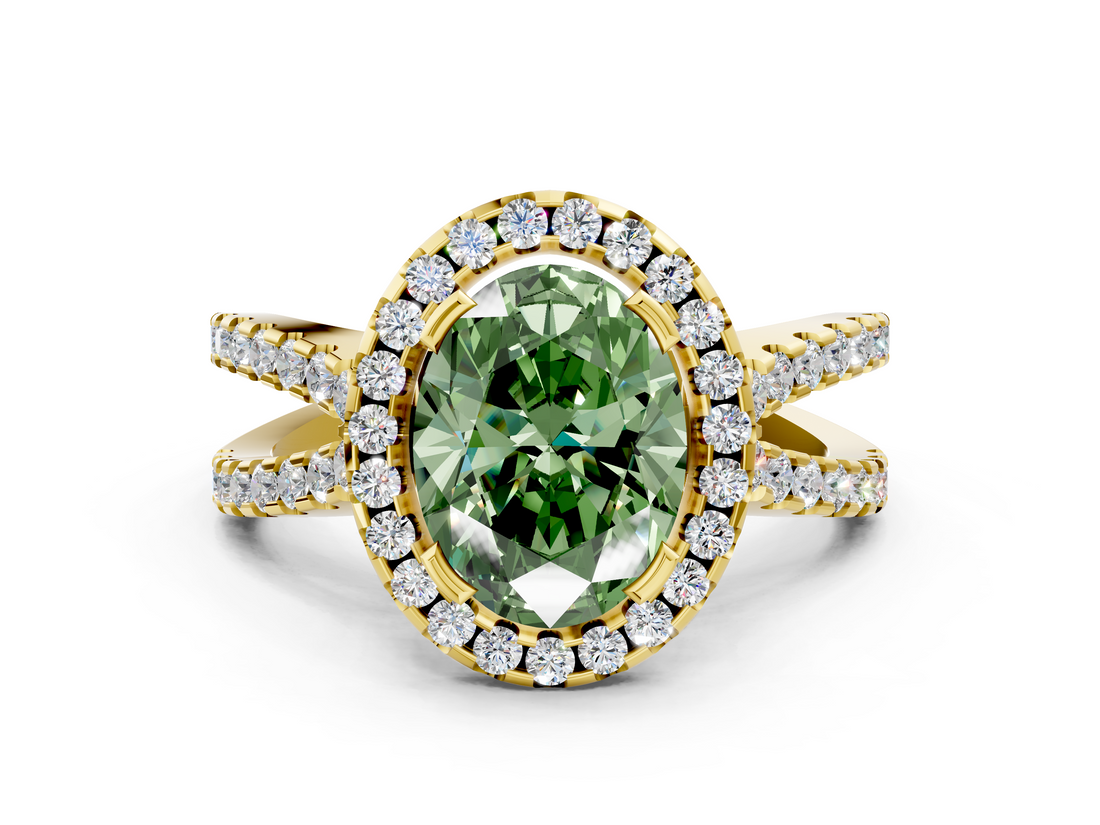Yellow gold Fancy Green Oval  Cut Halo Split Shank Pave Set Ring_62