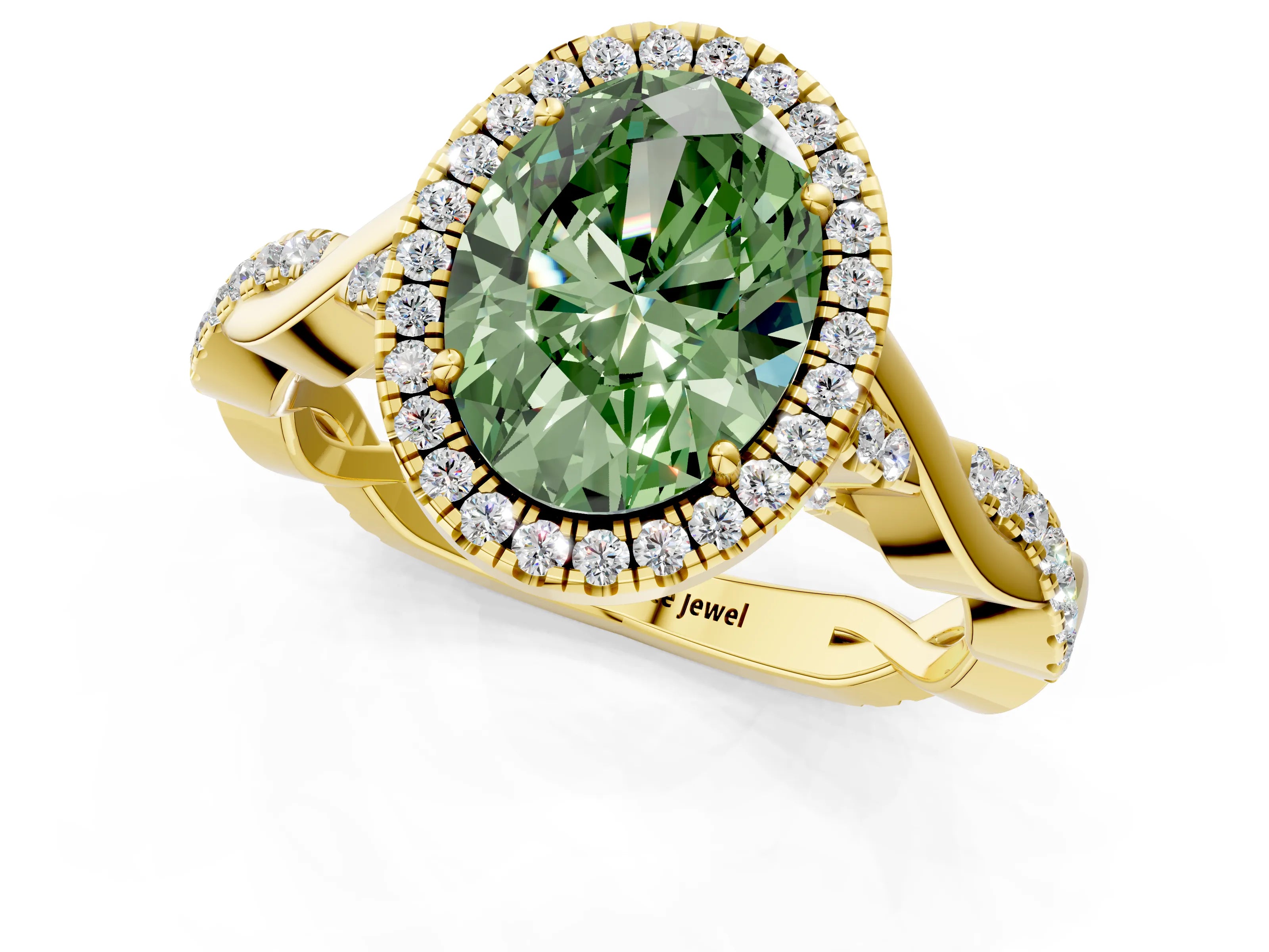 Yellow gold Fancy Green Oval Cut Halo Twist Band with Four-Prong Setting_1