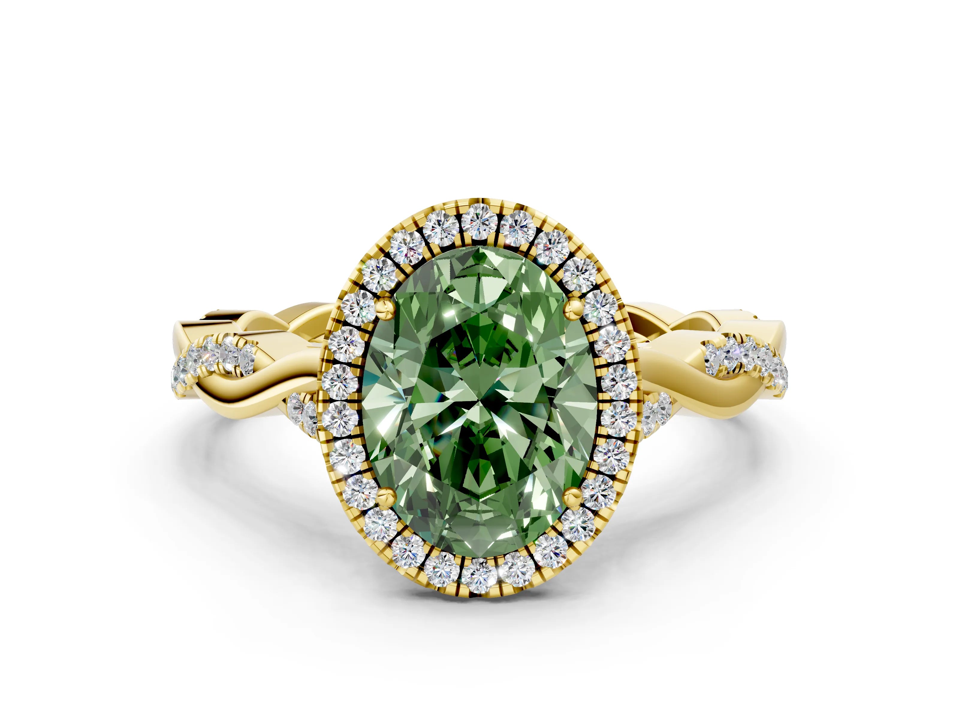 Yellow gold Fancy Green Oval Cut Halo Twist Band with Four-Prong Setting_12