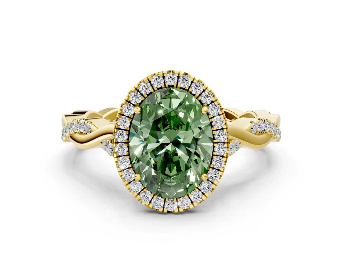 Yellow gold Fancy Green Oval Cut Halo Twist Band with Four-Prong Setting_12