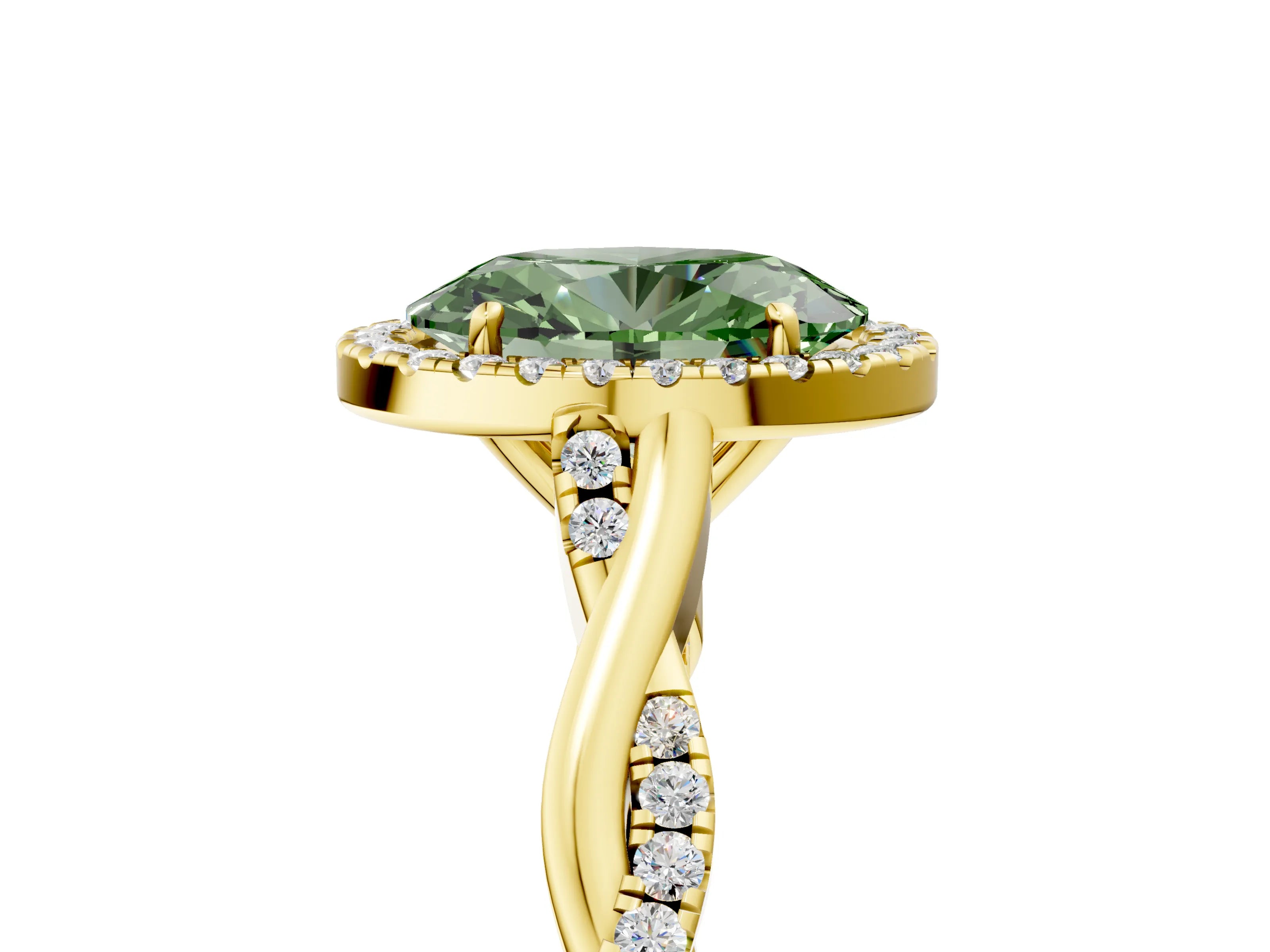 Yellow gold Fancy Green Oval Cut Halo Twist Band with Four-Prong Setting_17