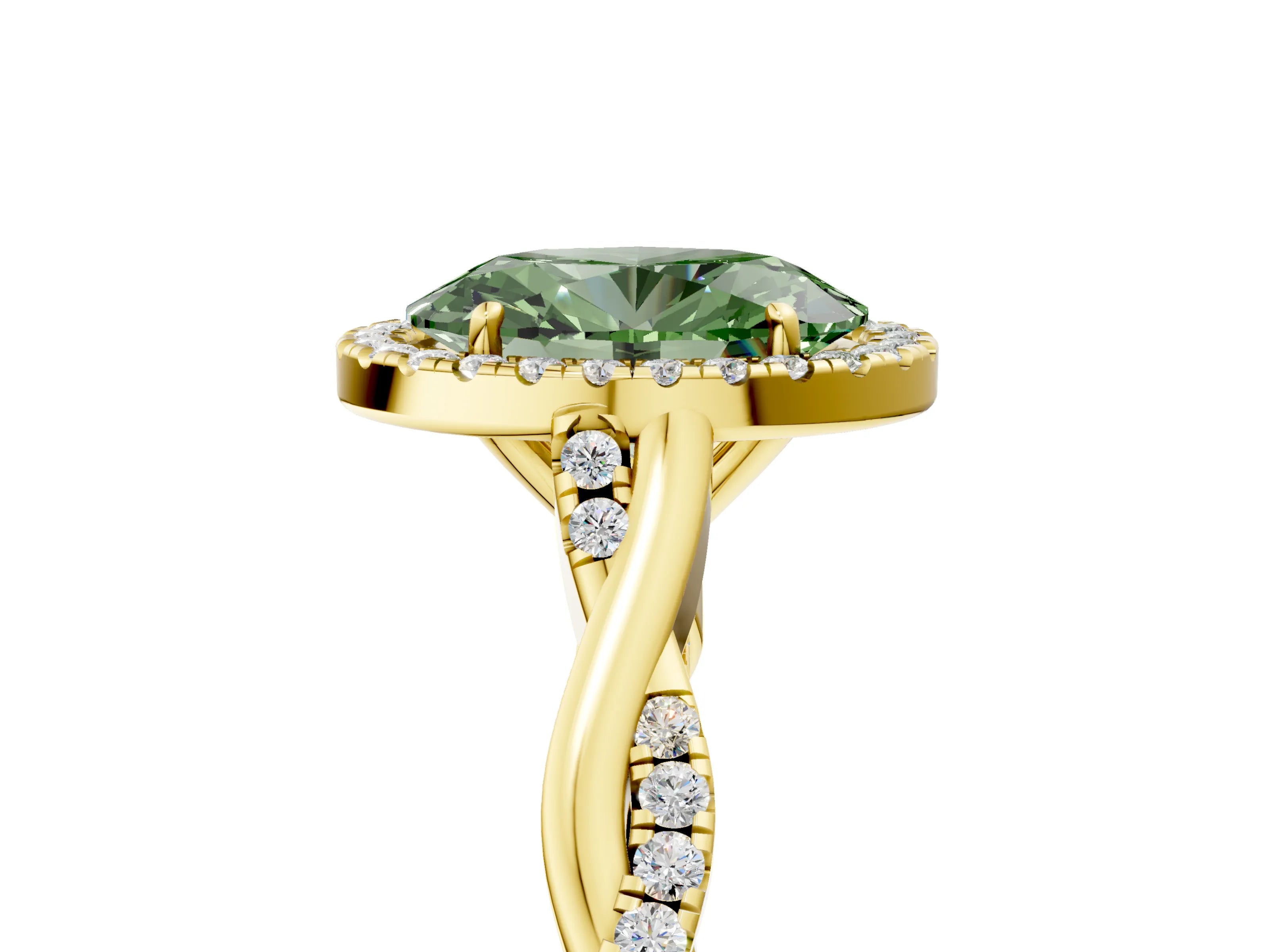 Yellow gold Fancy Green Oval Cut Halo Twist Band with Four-Prong Setting_5