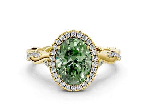 Yellow gold Fancy Green Oval Cut Halo Twist Band with Four-Prong Setting