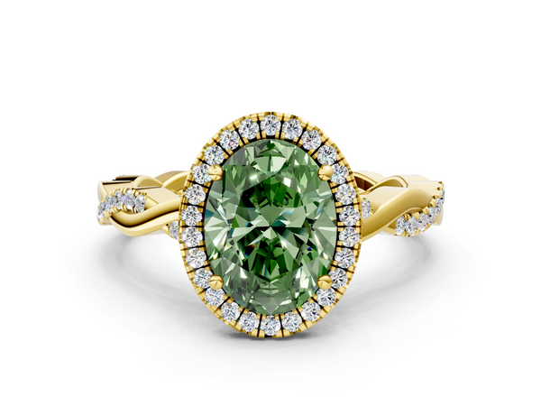 Yellow gold Fancy Green Oval  Cut Halo Twisted Band Four-Prong Ring