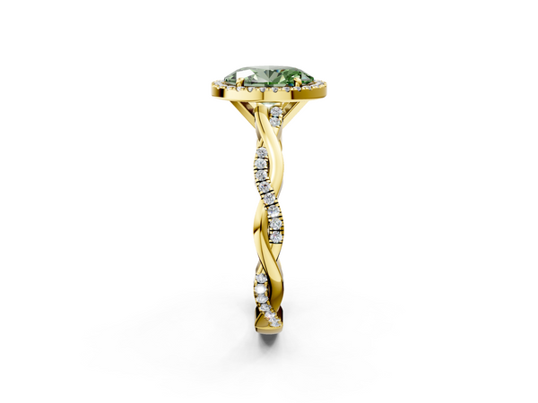 Yellow gold Fancy Green Oval  Cut Halo Twisted Band Four-Prong Ring