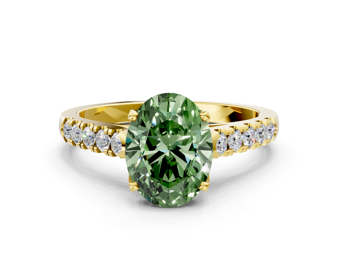 Yellow gold Fancy Green Oval  Cut Pavé Band Solitaire Ring with Four-Prong Setting_25