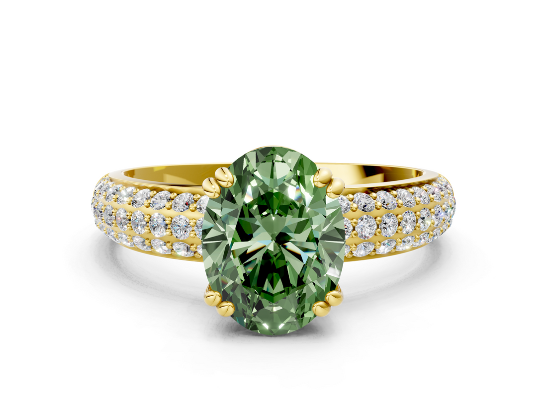 Yellow gold Fancy Green Oval  Cut Pave Diamond Engagement Ring with Channel Set Band and Four-Prong Setting_20