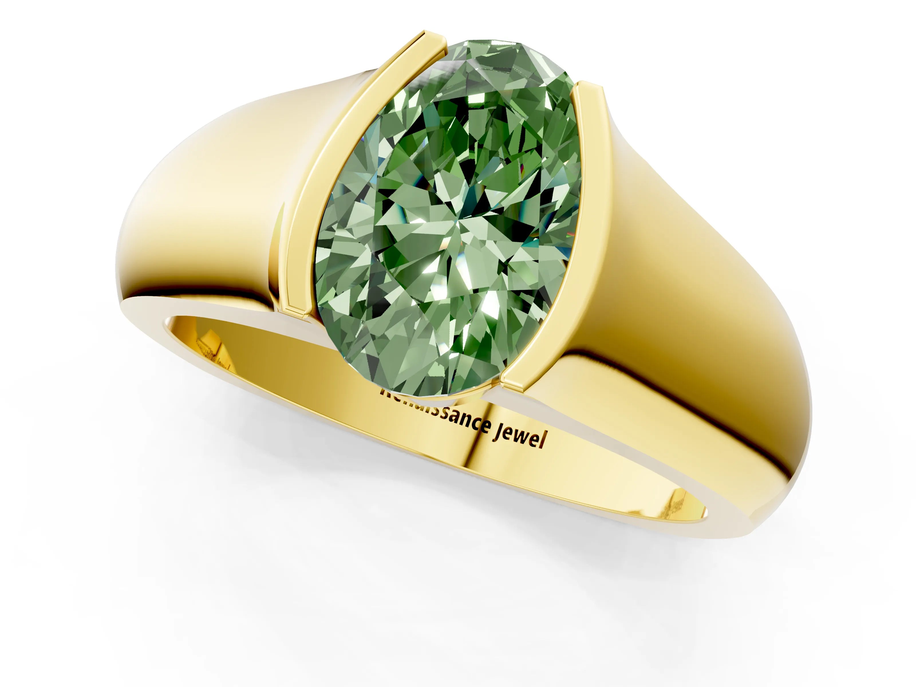Yellow gold Fancy Green Oval Cut Solitaire Bezel Set Diamond Ring with Wide Band_1