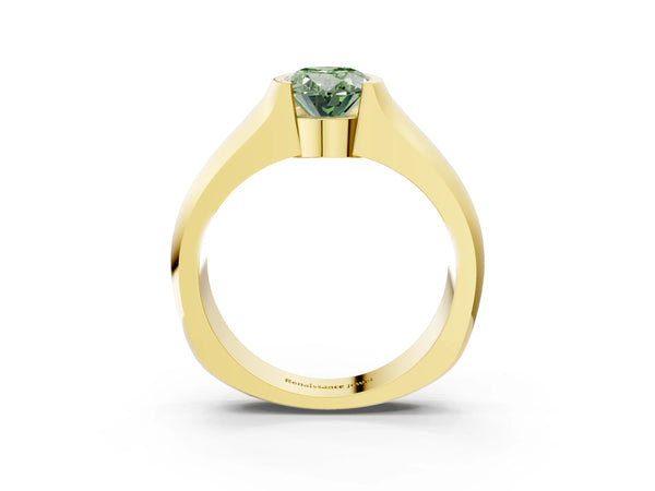 Yellow gold Fancy Green Oval Cut Solitaire Bezel Set Diamond Ring with Wide Band