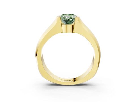 Yellow gold Fancy Green Oval Cut Solitaire Bezel Set Diamond Ring with Wide Band_3
