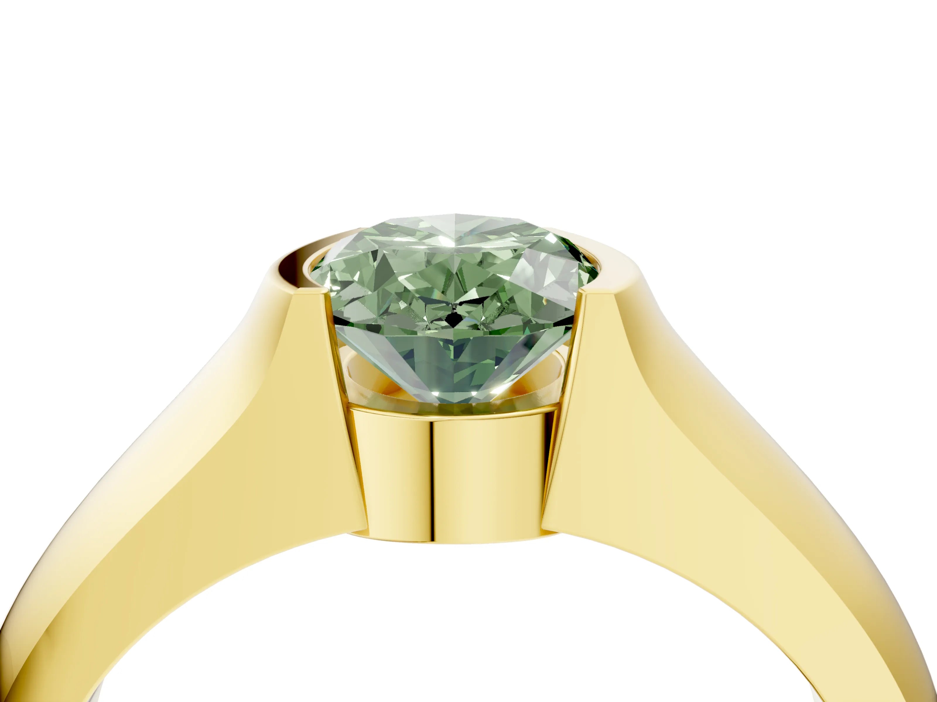 Yellow gold Fancy Green Oval Cut Solitaire Bezel Set Diamond Ring with Wide Band_4