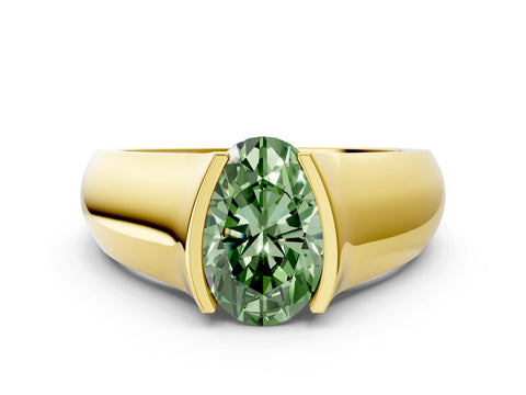Yellow gold Fancy Green Oval Cut Solitaire Bezel Set Diamond Ring with Wide Band