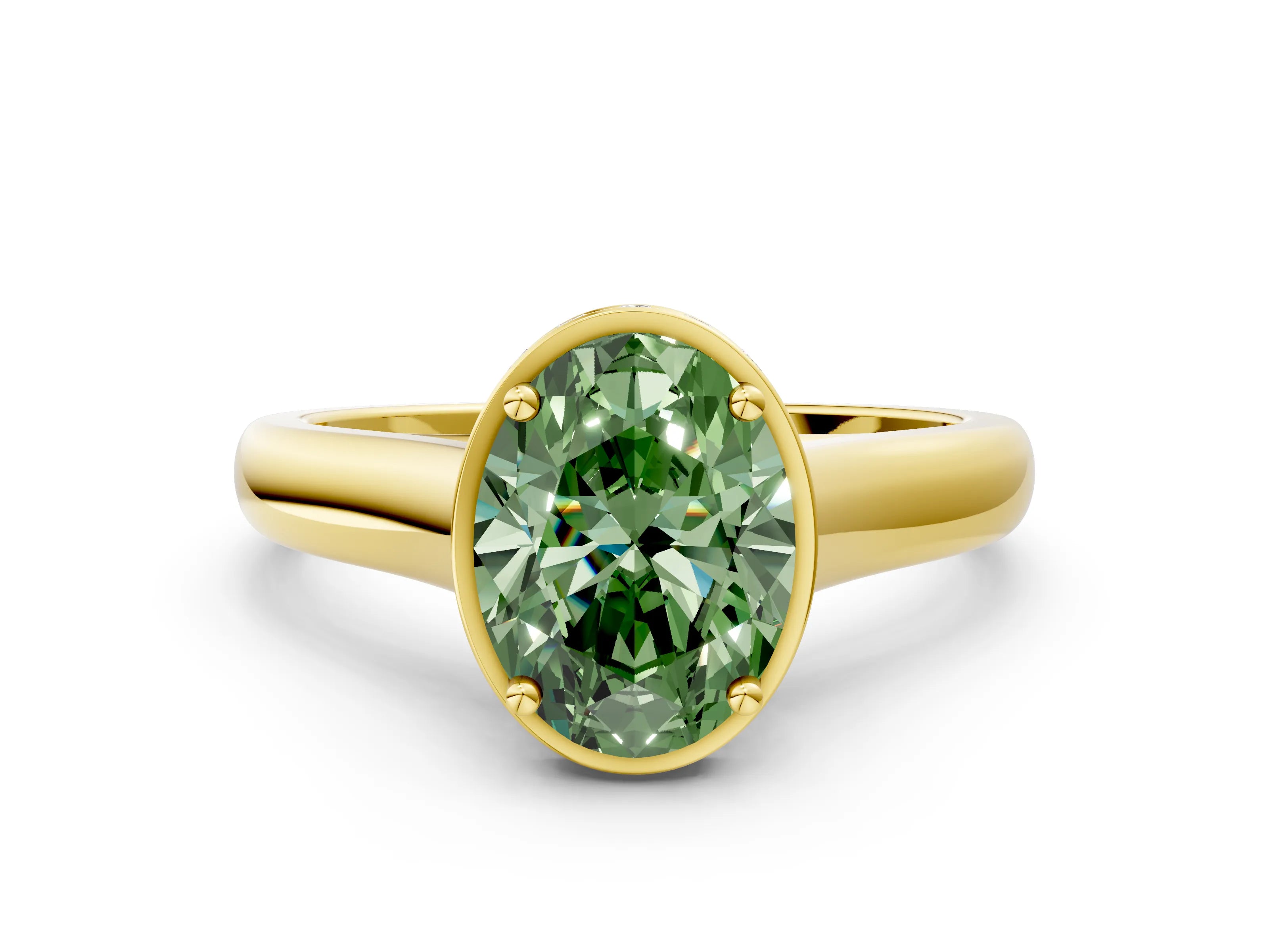 Yellow gold Fancy Green Oval Cut Solitaire Diamond Engagement Ring with Four-Prong Setting and Tapered Band