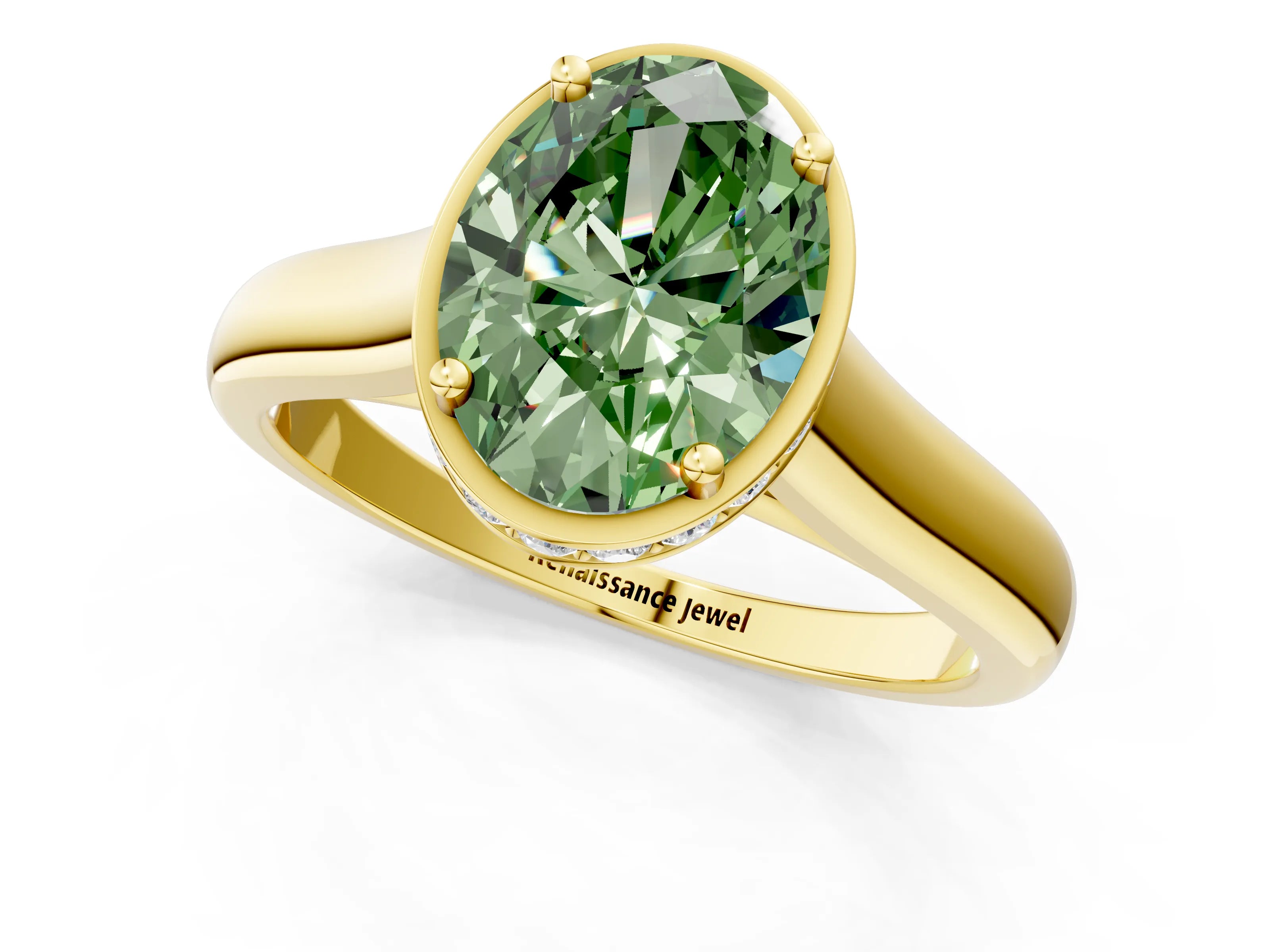 Yellow gold Fancy Green Oval Cut Solitaire Diamond Engagement Ring with Four-Prong Setting and Tapered Band_1