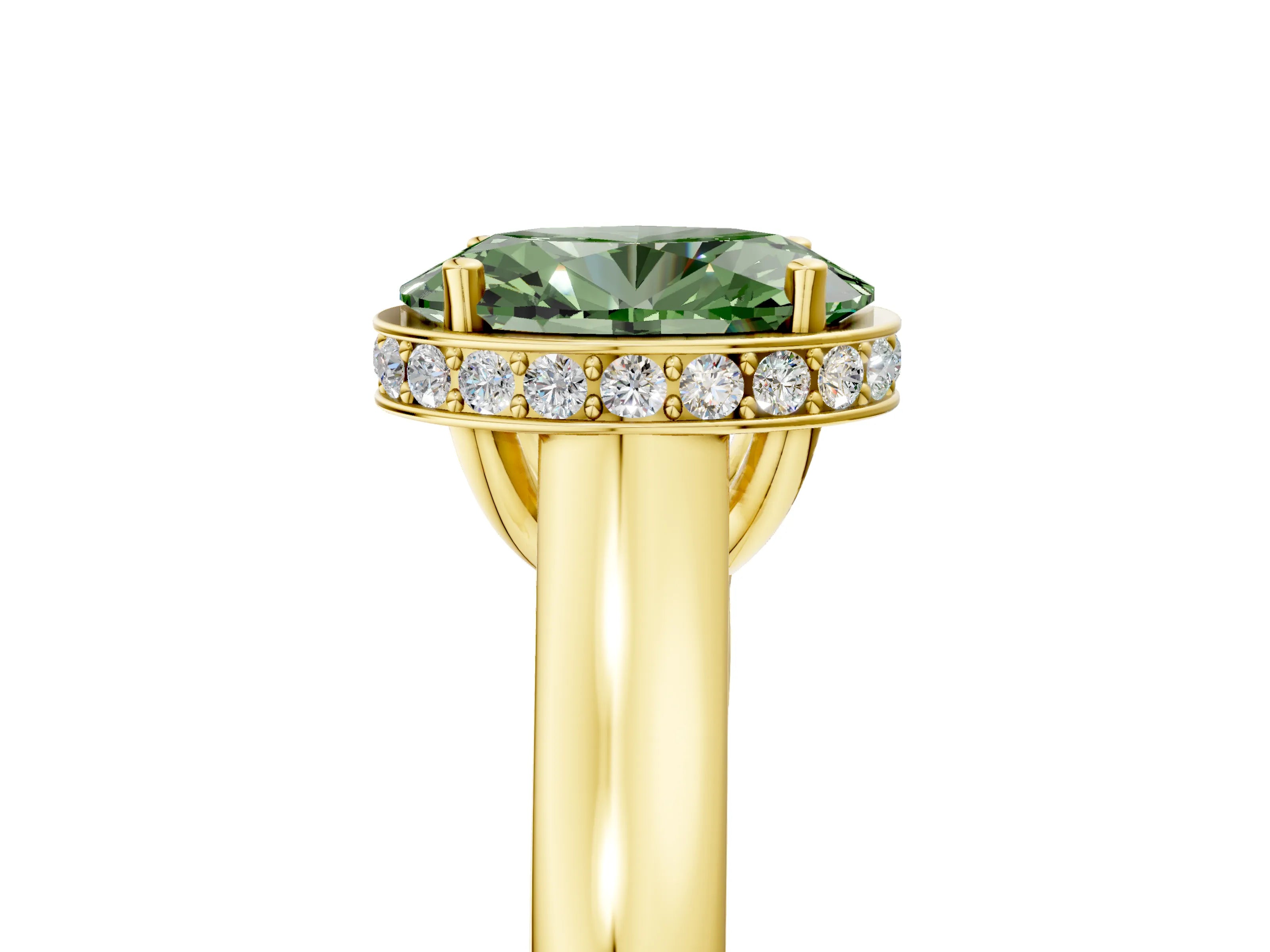 Yellow gold Fancy Green Oval Cut Solitaire Diamond Engagement Ring with Four-Prong Setting and Tapered Band_5