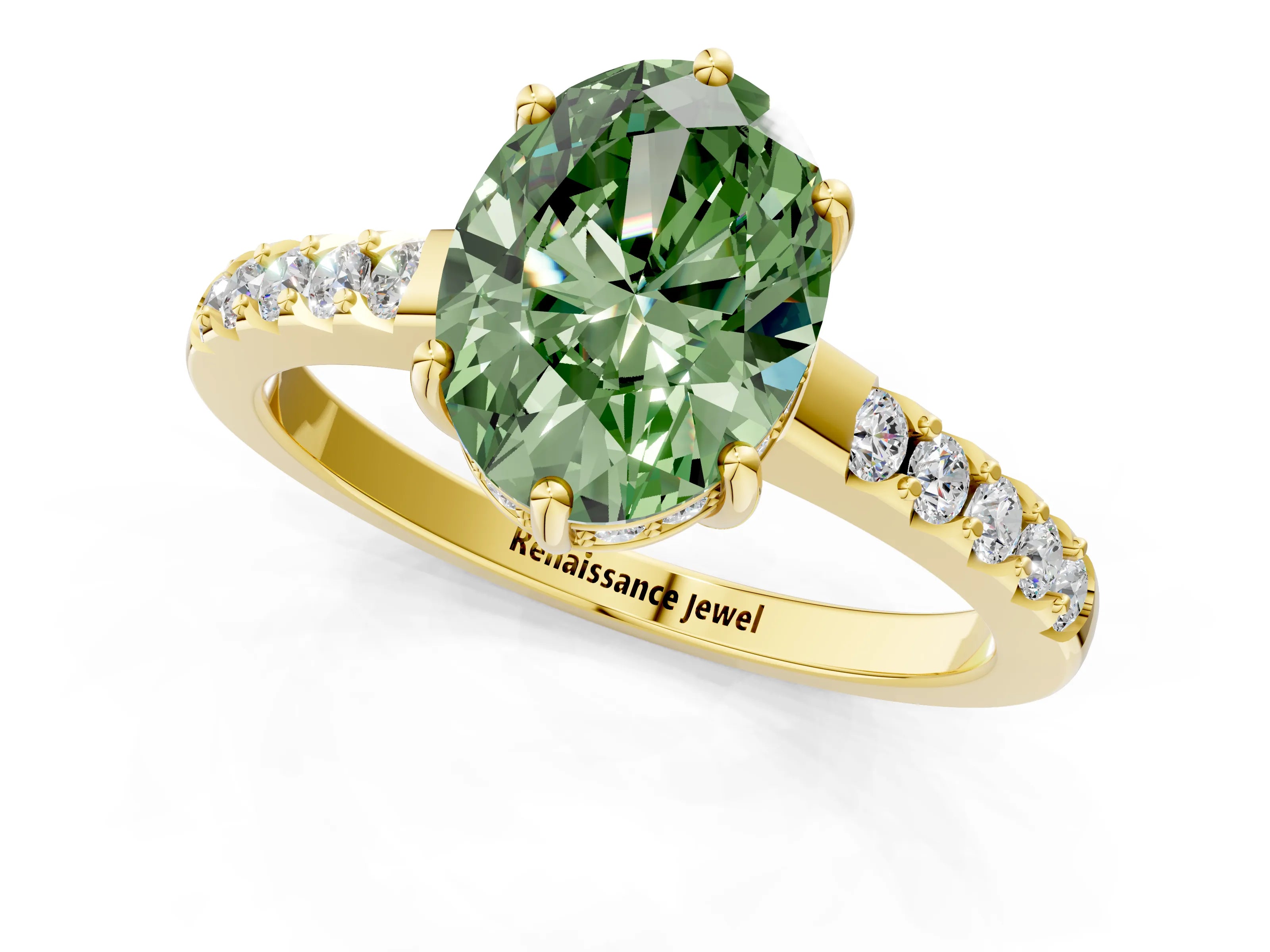 Yellow gold Fancy Green Oval Cut Solitaire Diamond Engagement Ring with Pavé Band and Six-Prong Setting_13