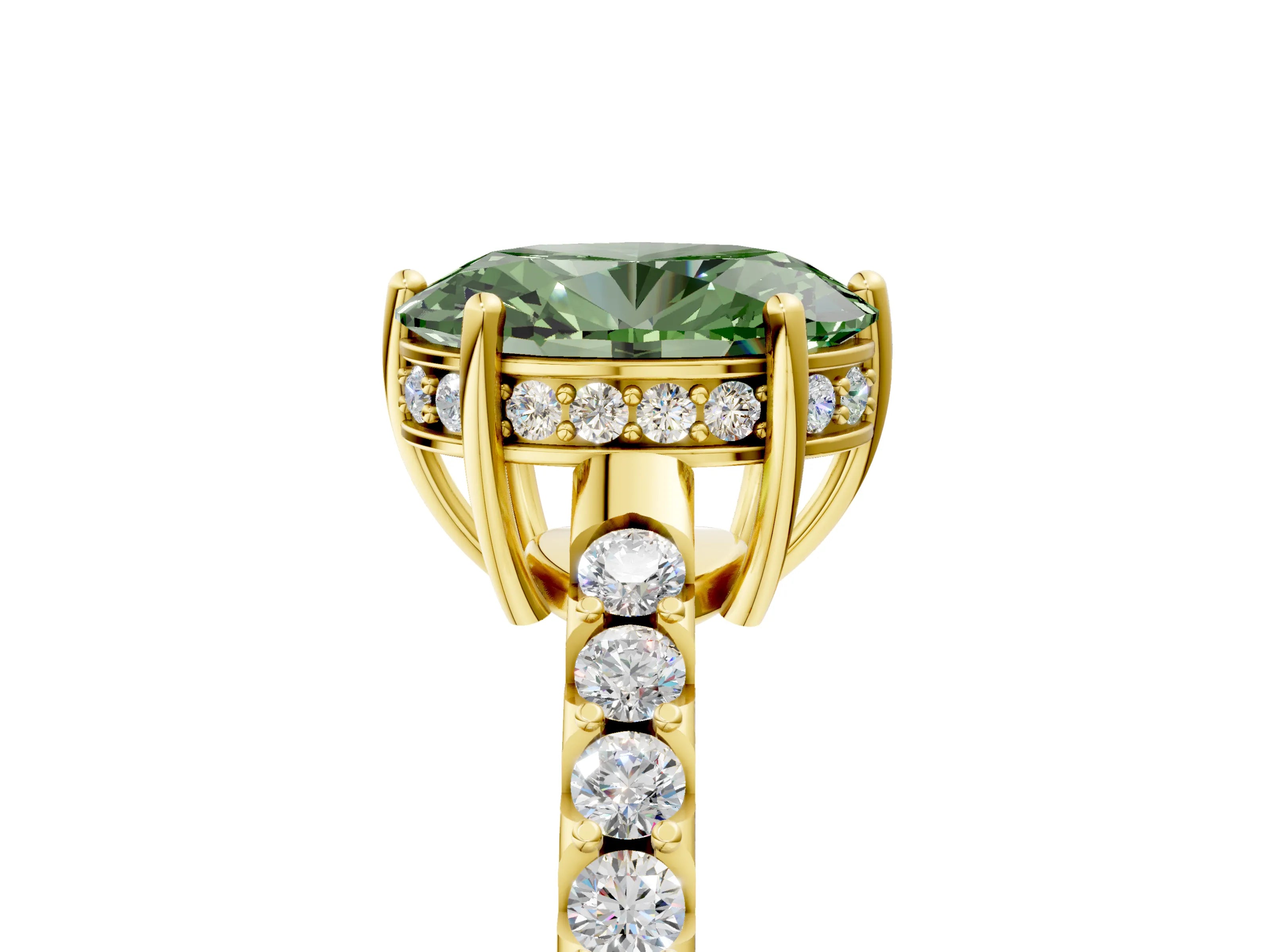 Yellow gold Fancy Green Oval Cut Solitaire Diamond Engagement Ring with Pavé Band and Six-Prong Setting_17