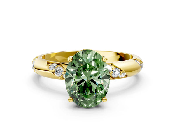 Yellow gold Fancy Green Oval Cut Solitaire Diamond Engagement Ring with Twisted Pave Band and Four-Prong Setting