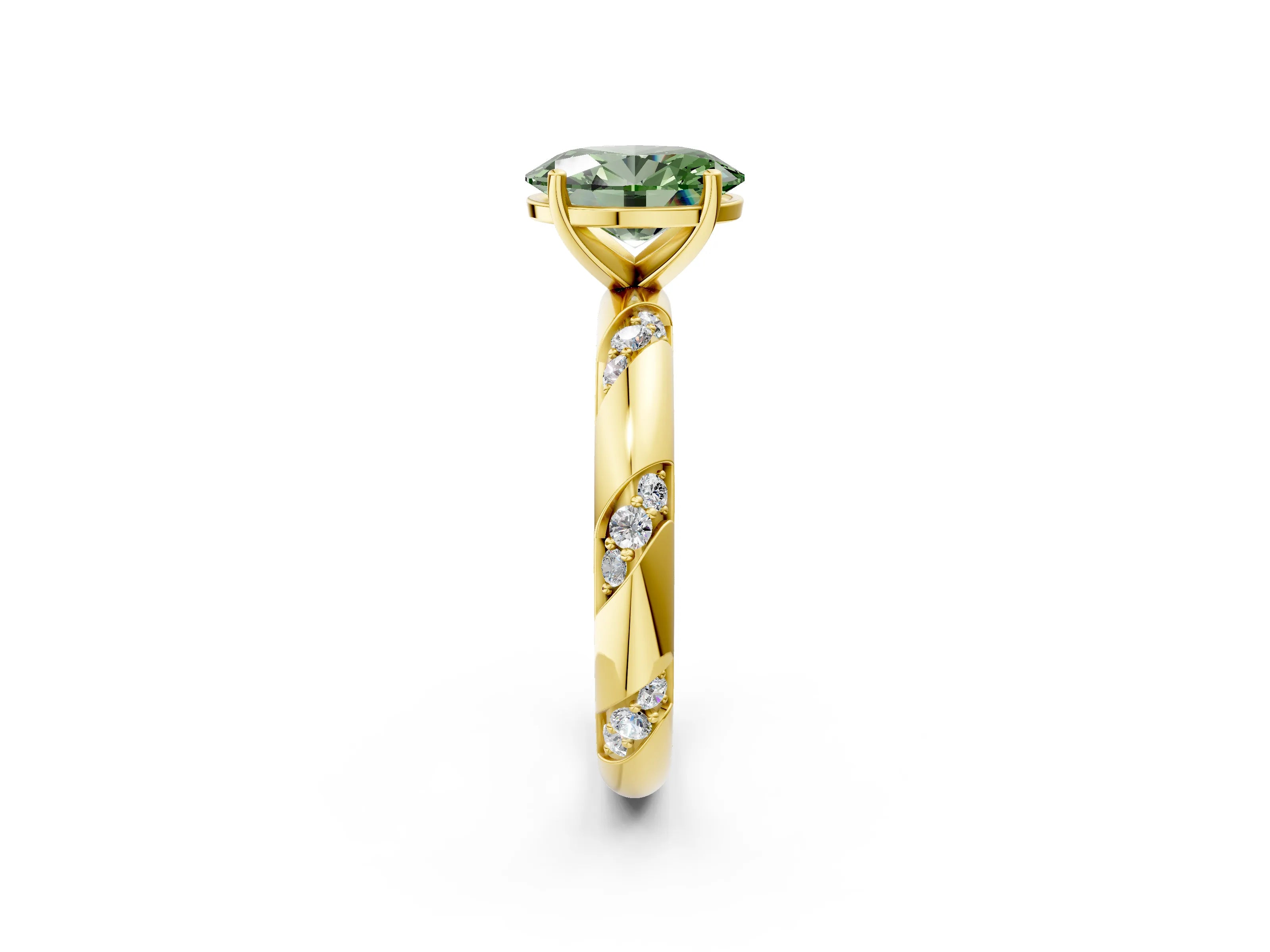 Yellow gold Fancy Green Oval Cut Solitaire Diamond Engagement Ring with Twisted Pave Band and Four-Prong Setting_5