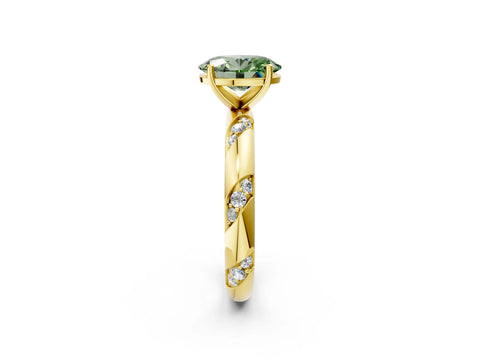 Yellow gold Fancy Green Oval Cut Solitaire Diamond Engagement Ring with Twisted Pave Band and Four-Prong Setting_5