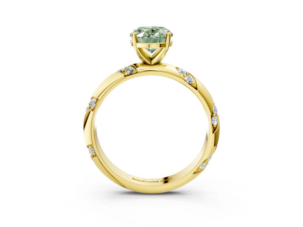 Yellow gold Fancy Green Oval Cut Solitaire Diamond Engagement Ring with Twisted Pave Band and Four-Prong Setting