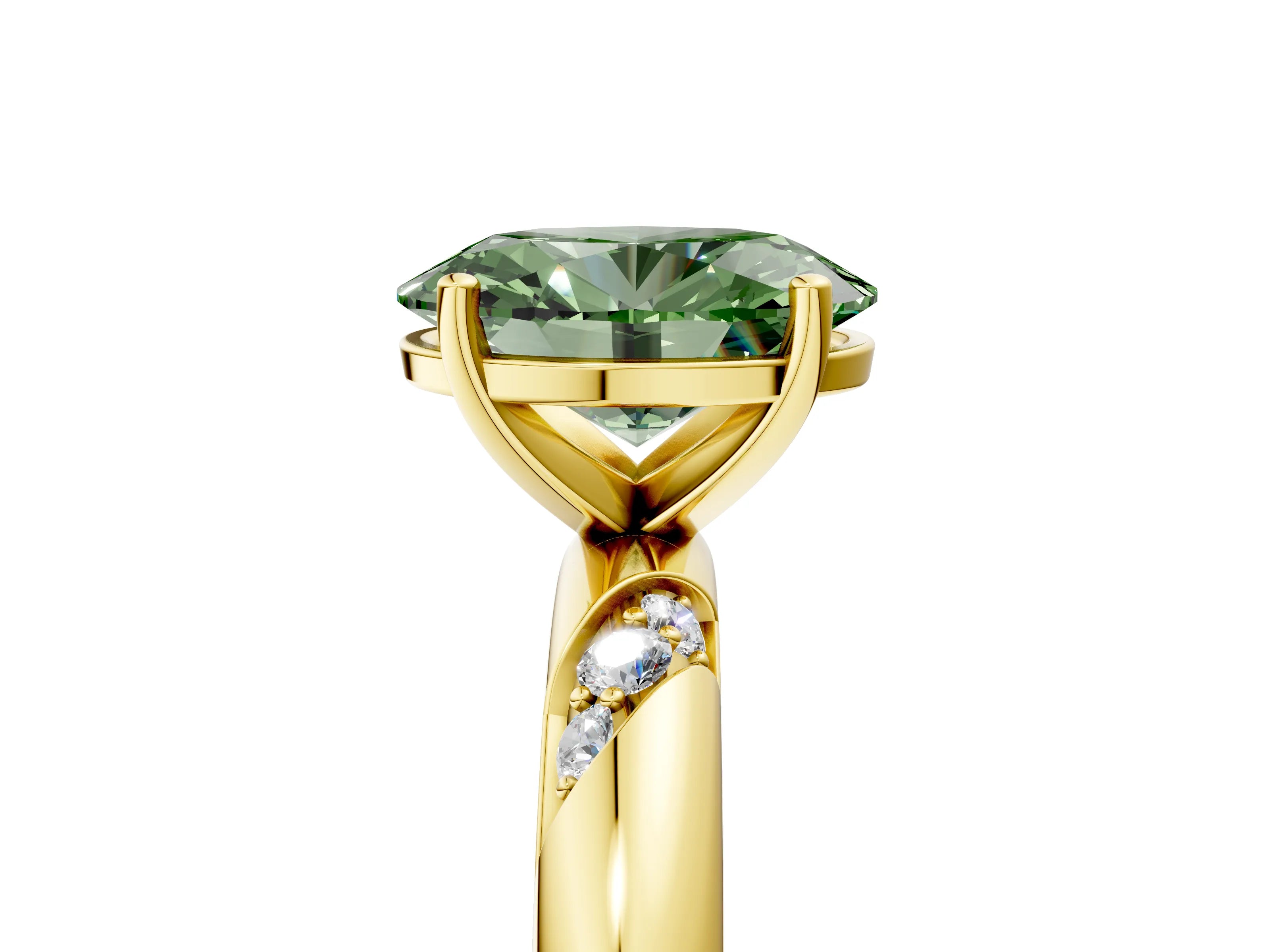 Yellow gold Fancy Green Oval Cut Solitaire Diamond Engagement Ring with Twisted Pave Band and Four-Prong Setting_8