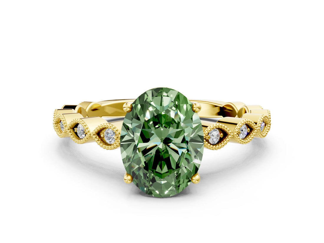 Yellow gold Fancy Green Oval Cut Solitaire Diamond Ring with Infinity Twist Band and Four-Prong Setting