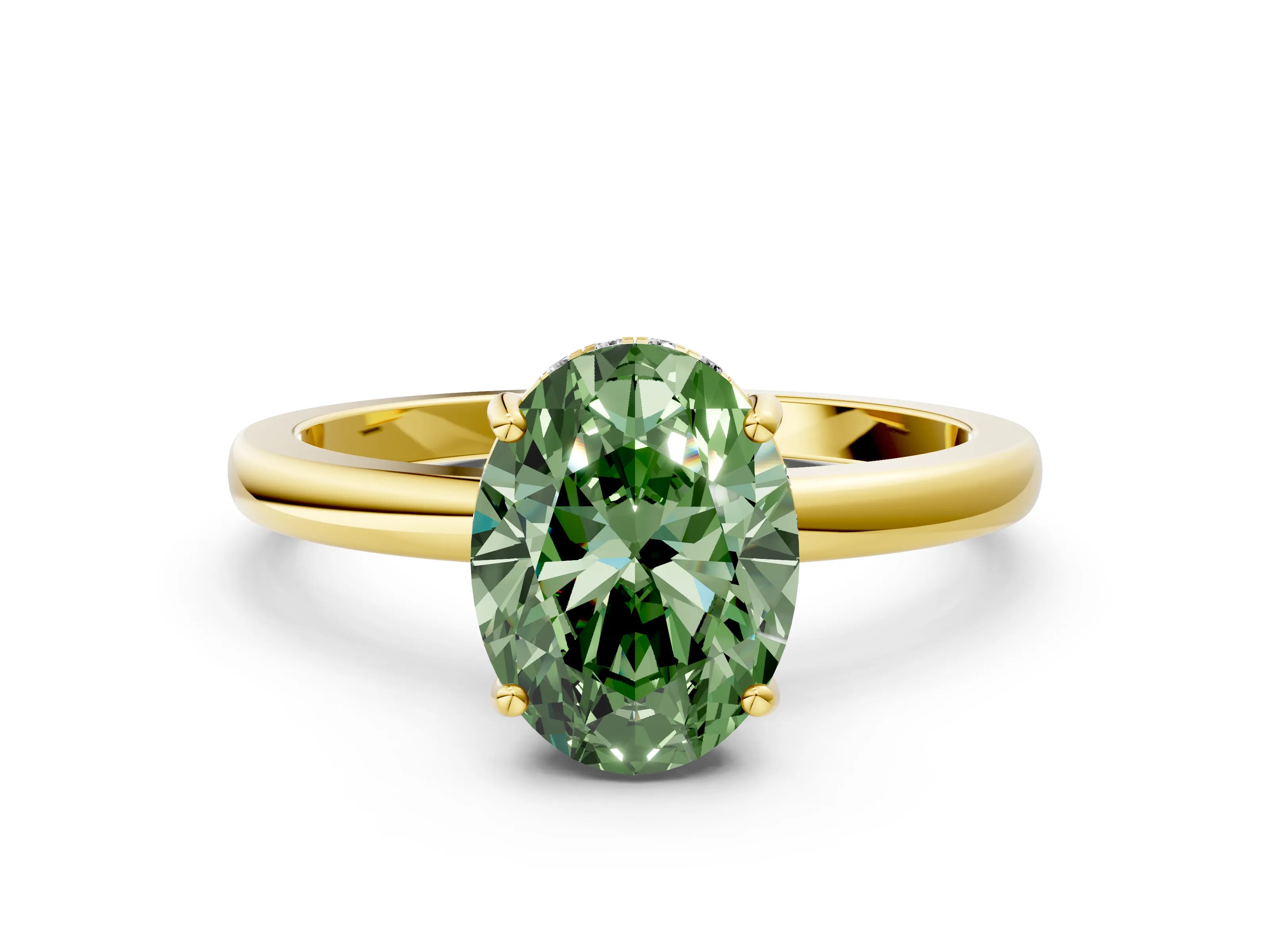 Yellow gold Fancy Green Oval Cut Solitaire Diamond Ring with Prong Setting and Plain Band