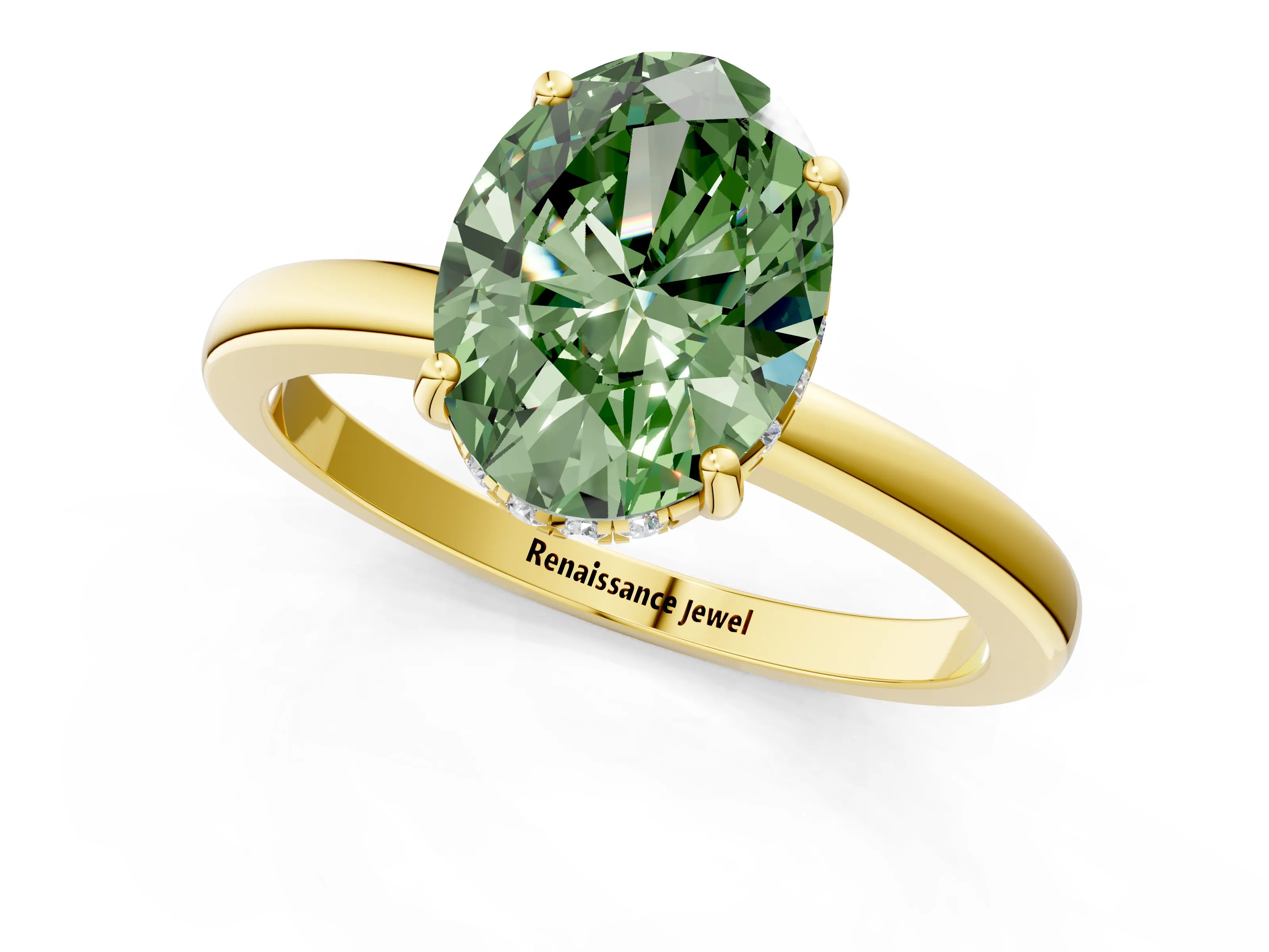 Yellow gold Fancy Green Oval Cut Solitaire Diamond Ring with Prong Setting and Plain Band_1