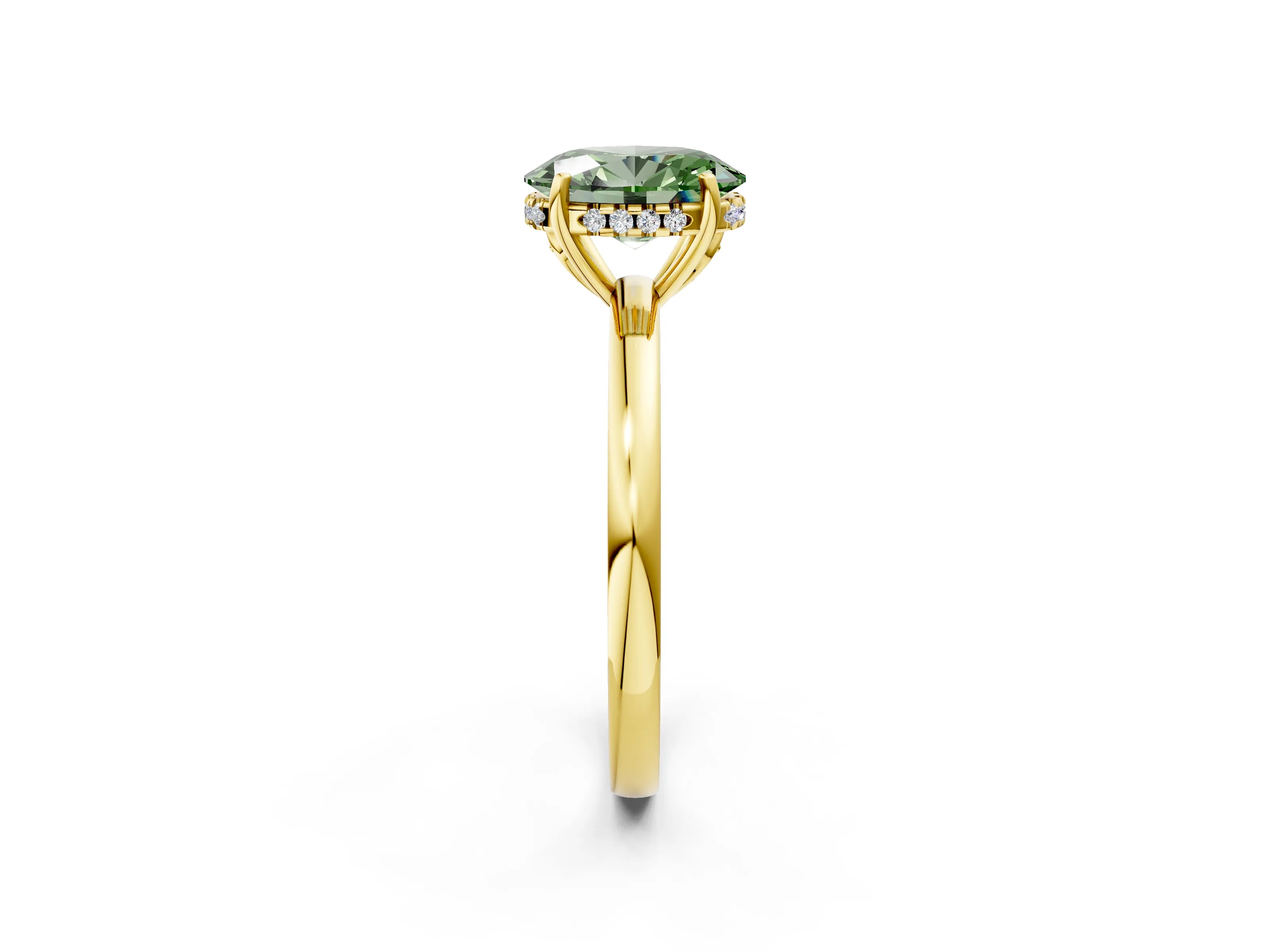 Yellow gold Fancy Green Oval Cut Solitaire Diamond Ring with Prong Setting and Plain Band_2