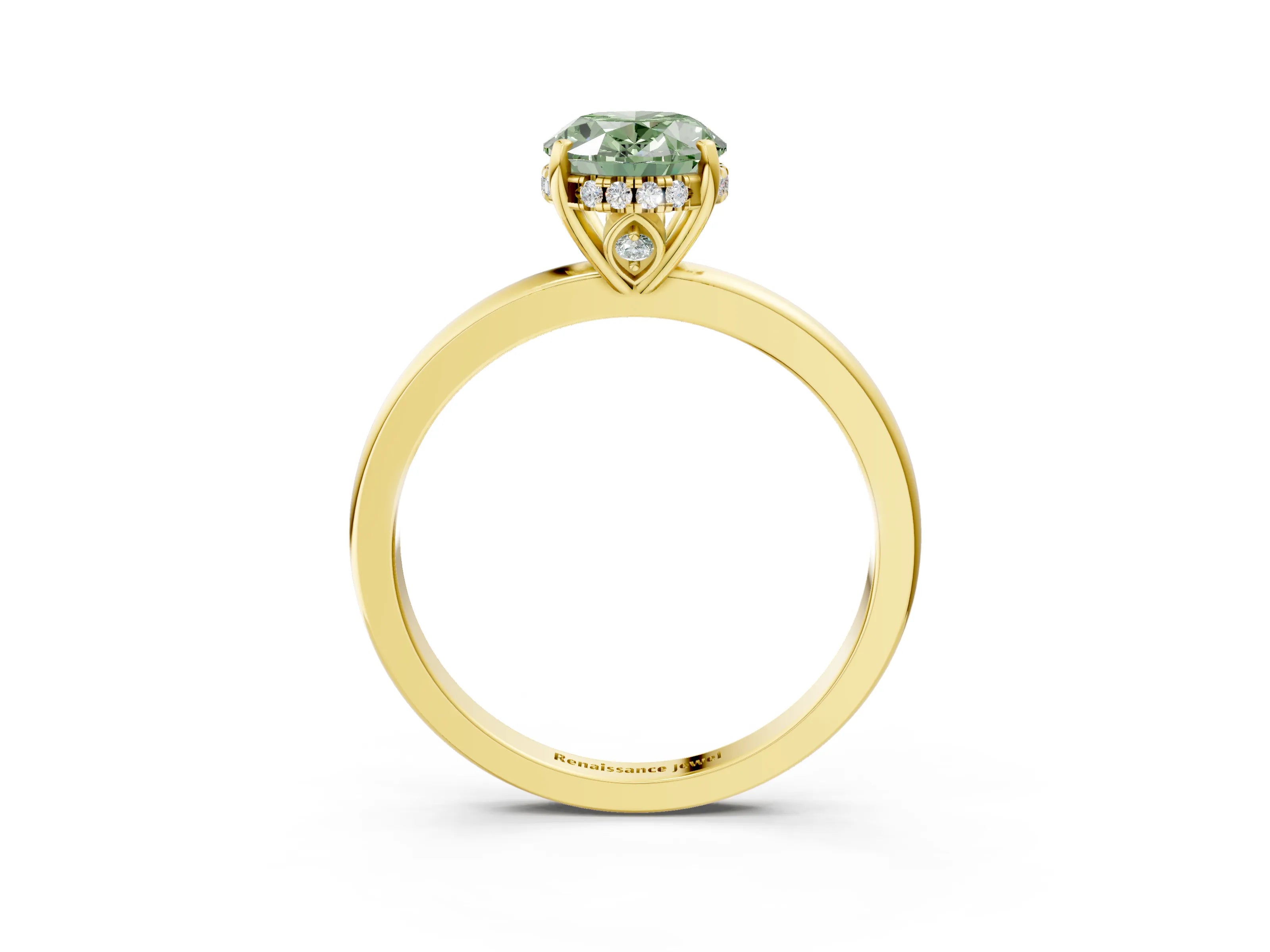 Yellow gold Fancy Green Oval Cut Solitaire Diamond Ring with Prong Setting and Plain Band_3