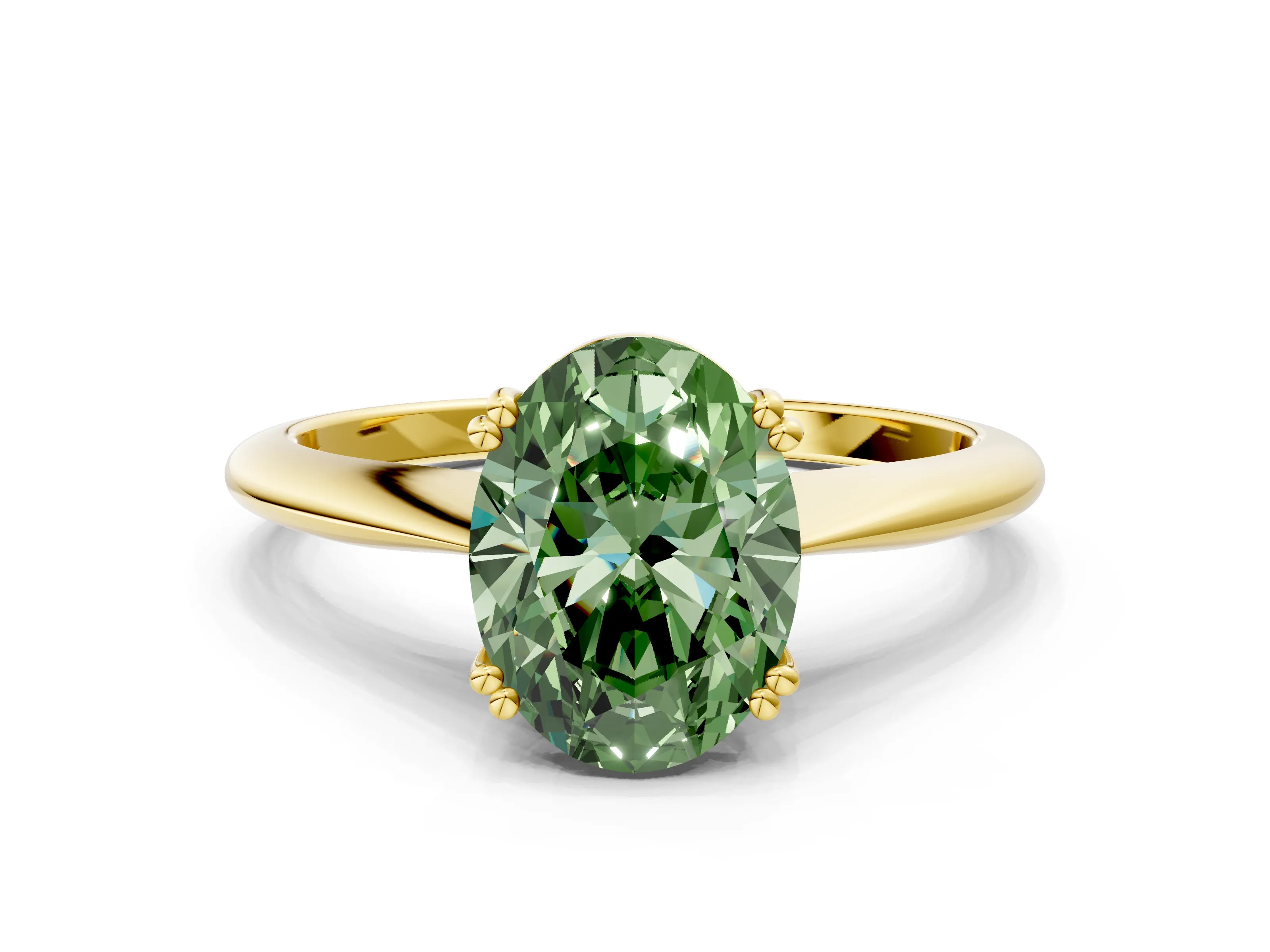 Yellow gold Fancy Green Oval Cut Solitaire Diamond Ring with Six-Prong Setting and Classic Band
