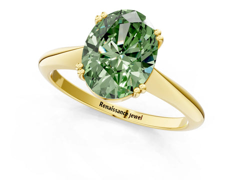 Yellow gold Fancy Green Oval Cut Solitaire Diamond Ring with Six-Prong Setting and Classic Band_1