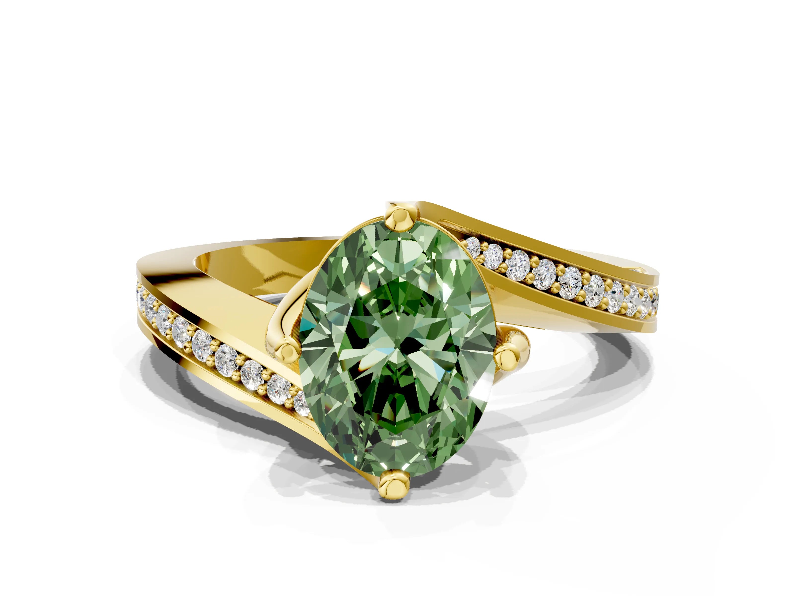 Yellow gold Fancy Green Oval Cut Solitaire Diamond Twist Band with Pavé Setting and Four-Prong Setting