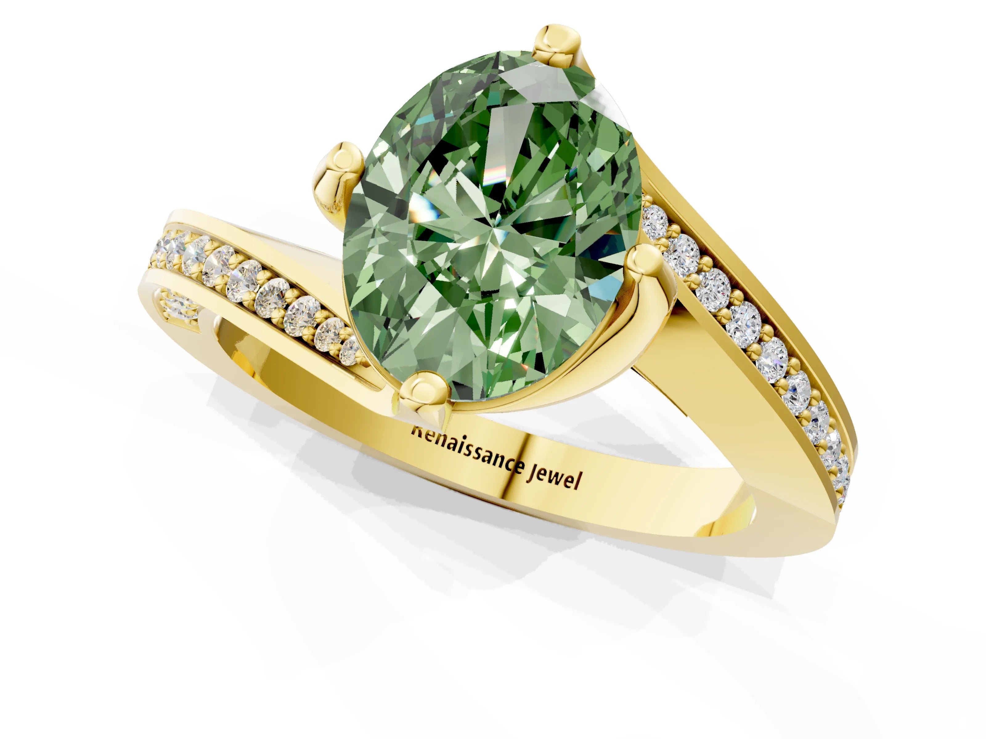 Yellow gold Fancy Green Oval Cut Solitaire Diamond Twist Band with Pavé Setting and Four-Prong Setting_1