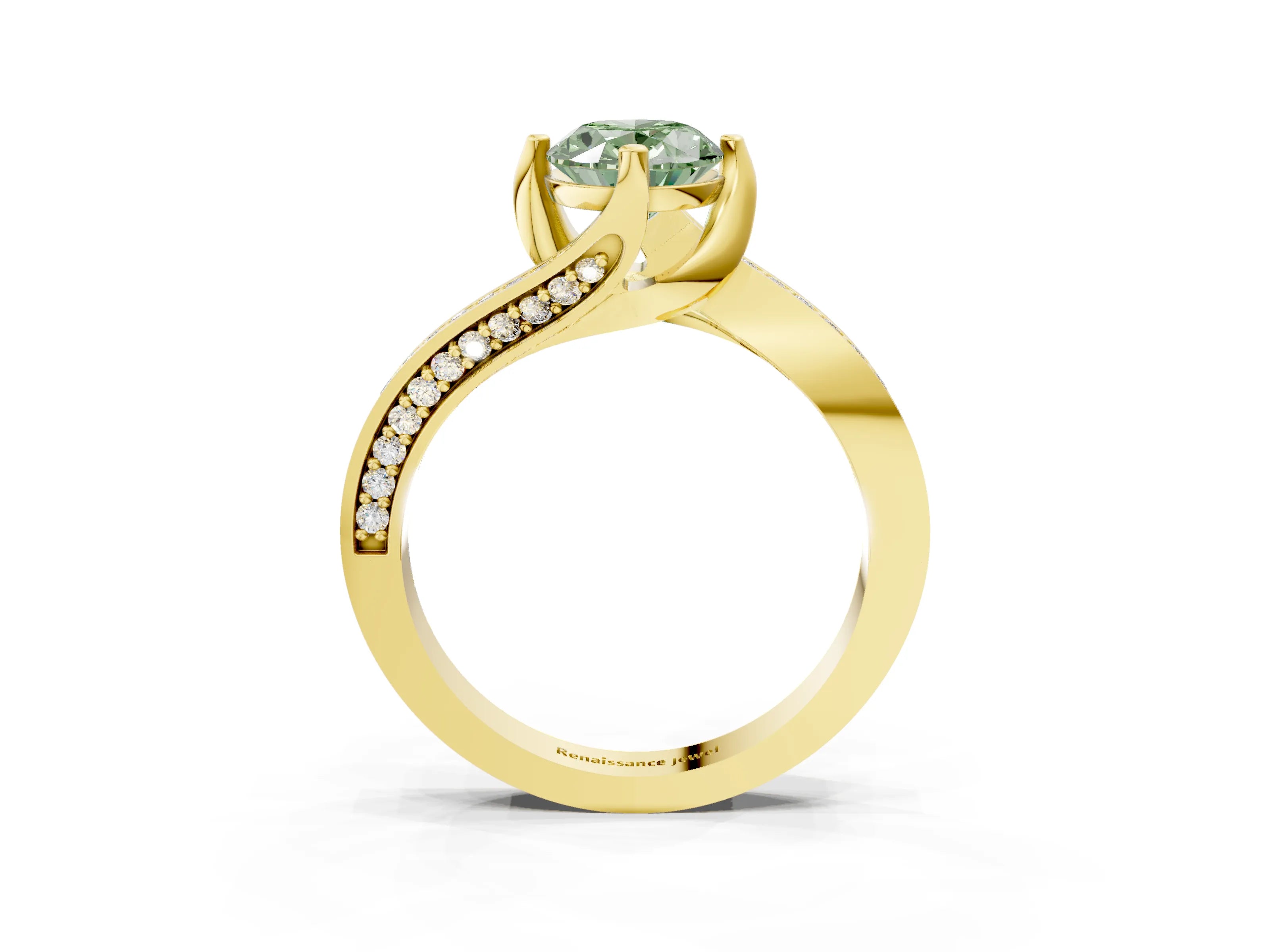 Yellow gold Fancy Green Oval Cut Solitaire Diamond Twist Band with Pavé Setting and Four-Prong Setting_3