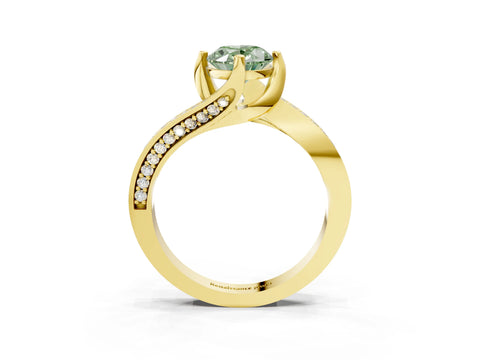 Yellow gold Fancy Green Oval Cut Solitaire Diamond Twist Band with Pavé Setting and Four-Prong Setting_3