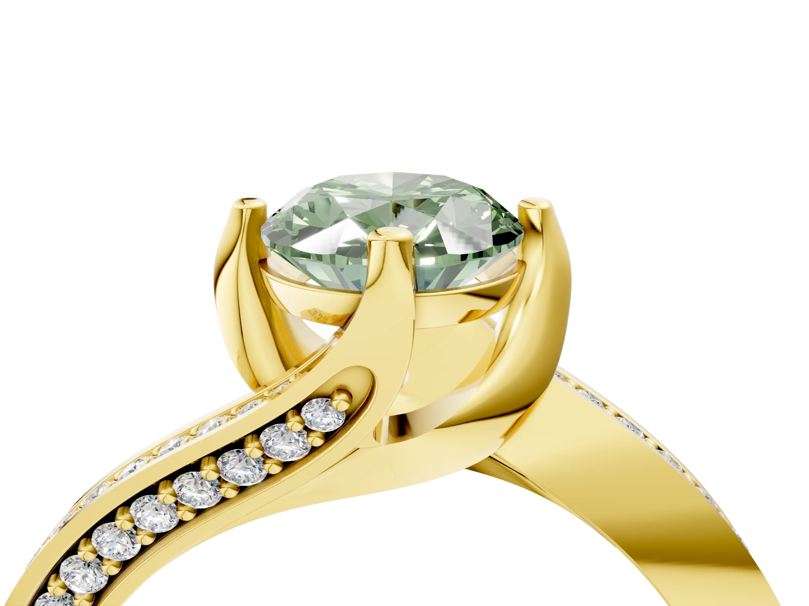 Yellow gold Fancy Green Oval Cut Solitaire Diamond Twist Band with Pavé Setting and Four-Prong Setting_4