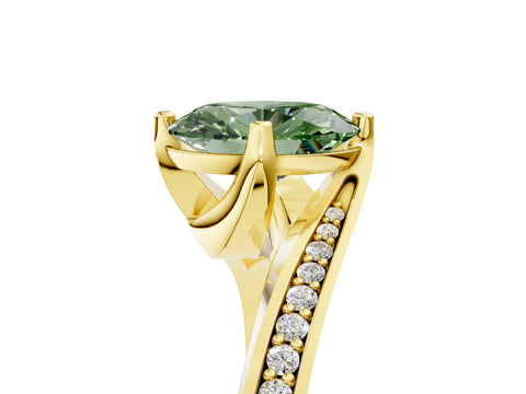 Yellow gold Fancy Green Oval Cut Solitaire Diamond Twist Band with Pavé Setting and Four-Prong Setting_5
