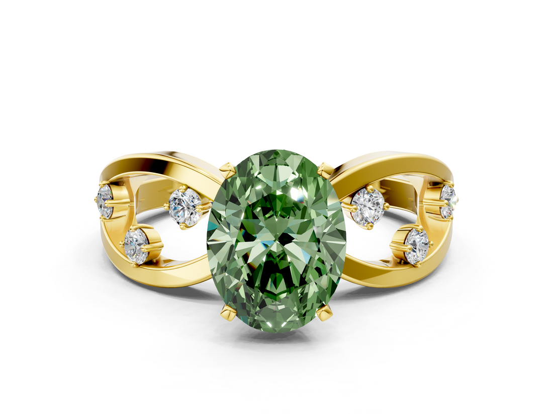 Yellow gold Fancy Green Oval  Cut Solitaire Diamond with Side Stones on Criss-Cross Band and Four-Prong Setting_3