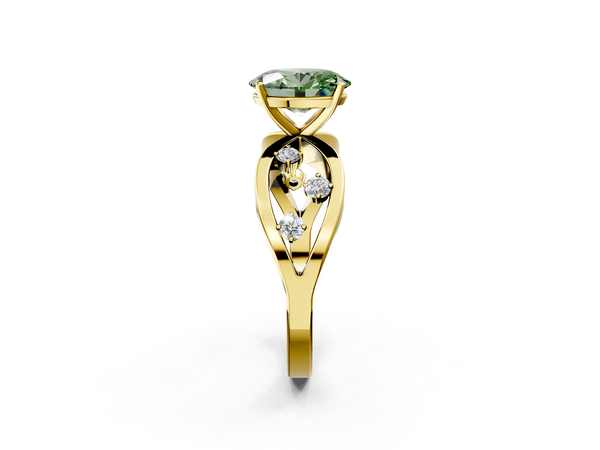 Yellow gold Fancy Green Oval  Cut Solitaire Diamond with Side Stones on Criss-Cross Band and Four-Prong Setting