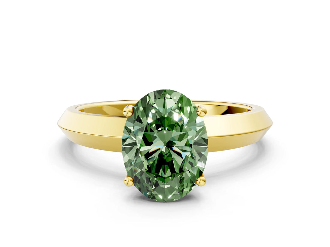 Yellow gold Fancy Green Oval  Cut Solitaire Engagement Ring with Flat Band and Four-Prong Setting
