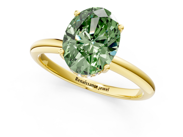 Yellow gold Fancy Green Oval  Cut Solitaire Engagement Ring with Four-Prong Setting and Classic Band