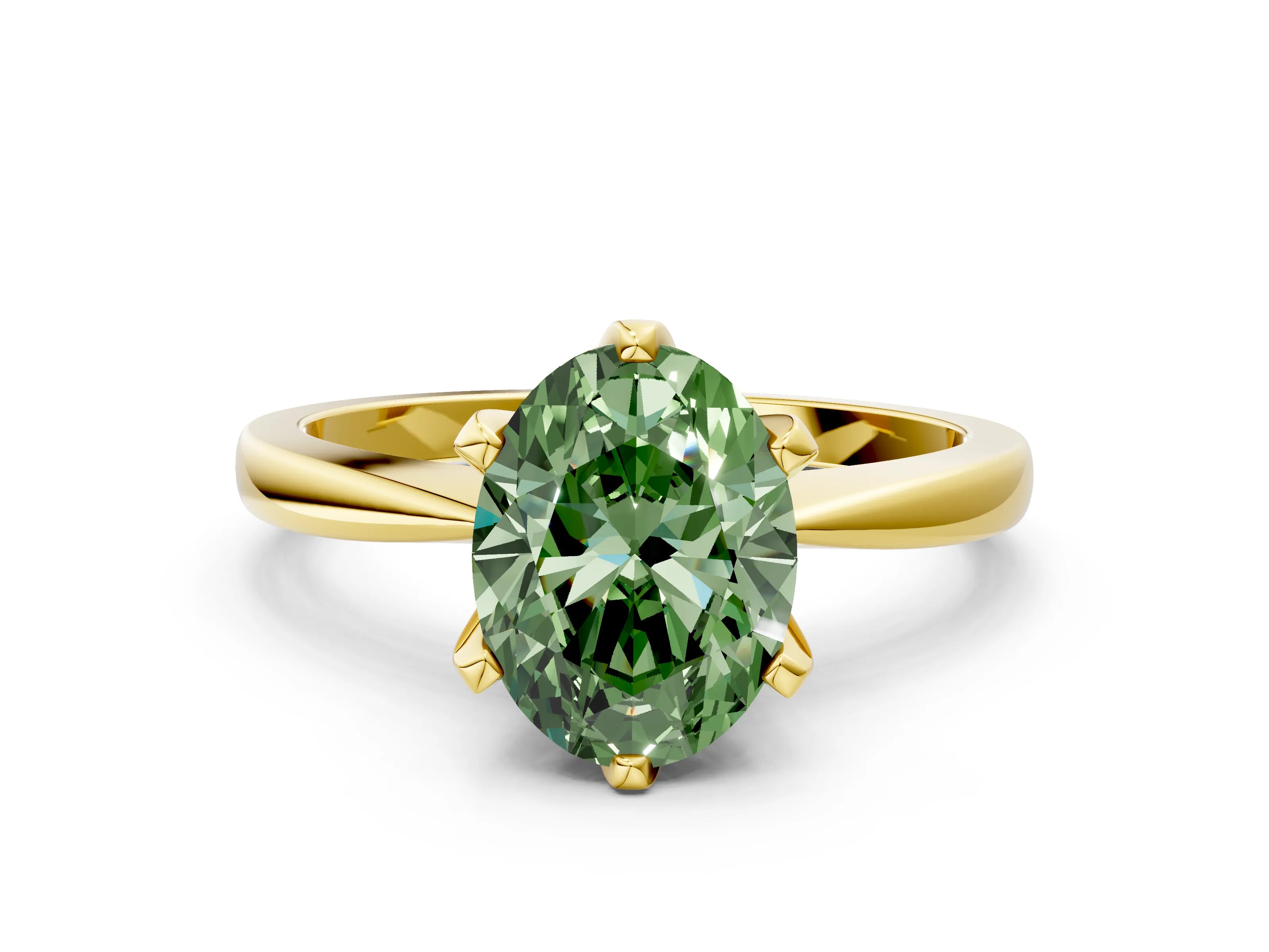 Yellow gold Fancy Green Oval Cut Solitaire Engagement Ring with Six-Prong Setting and Tapered Band