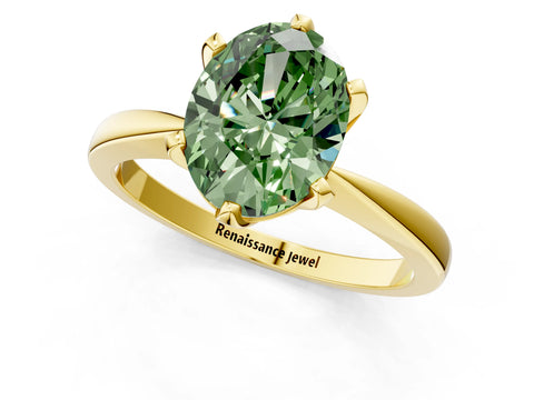 Yellow gold Fancy Green Oval Cut Solitaire Engagement Ring with Six-Prong Setting and Tapered Band_1
