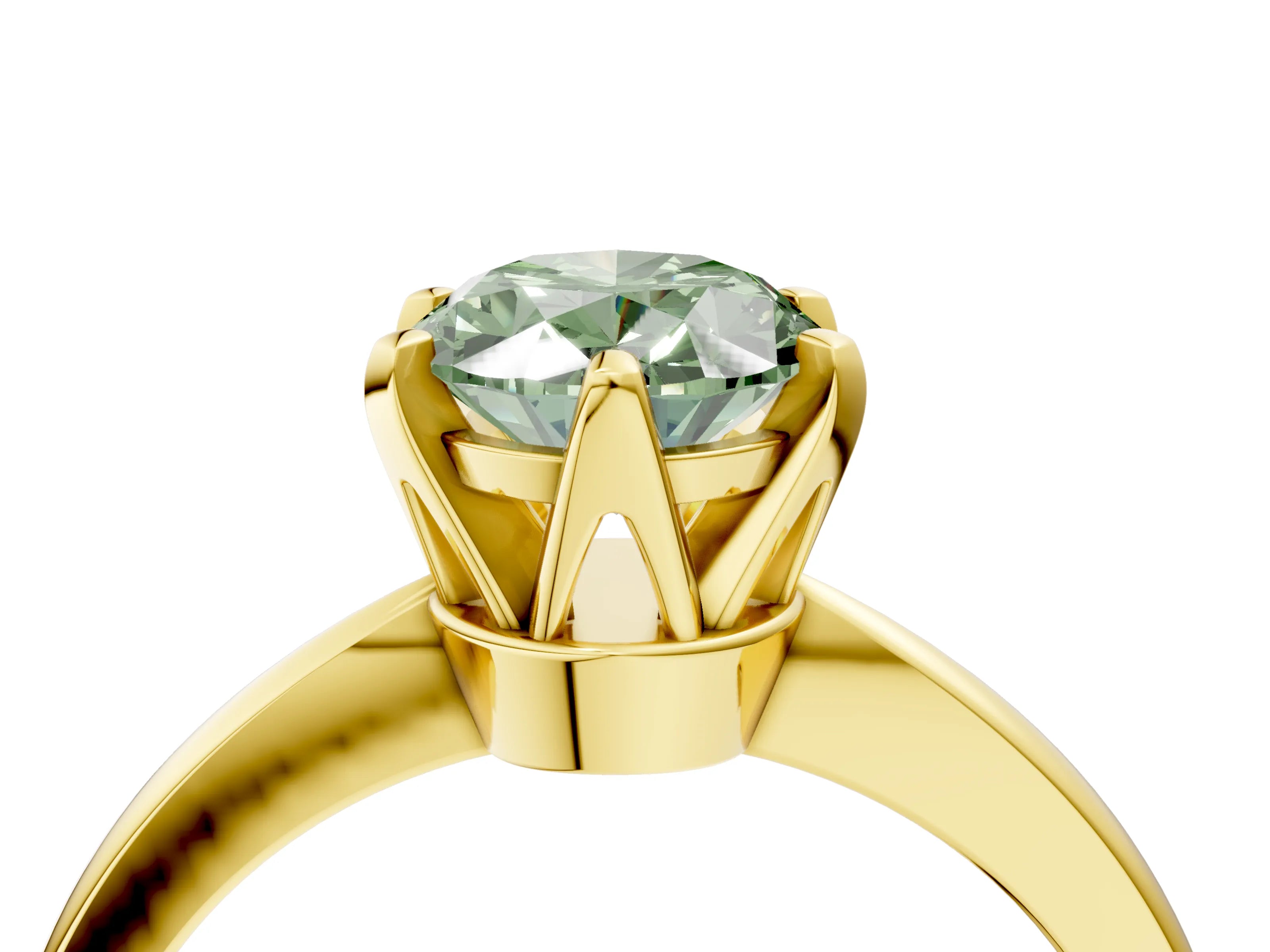Yellow gold Fancy Green Oval Cut Solitaire Engagement Ring with Six-Prong Setting and Tapered Band_4