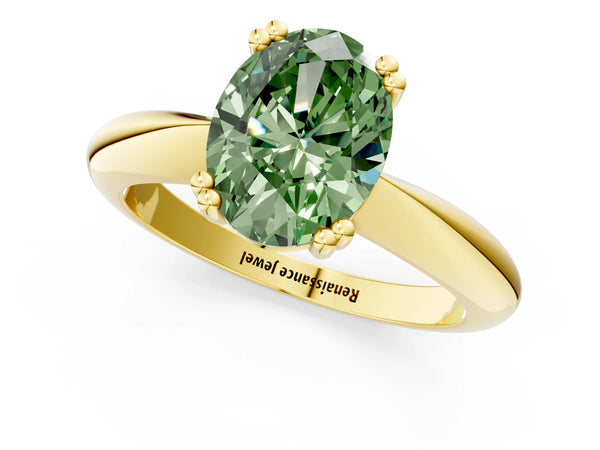Yellow gold Fancy Green Oval  Cut Solitaire Engagement Ring with Tapered Band and Four-Prong Setting