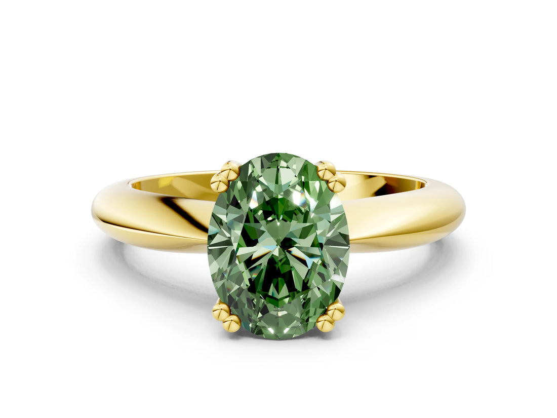 Yellow gold Fancy Green Oval  Cut Solitaire Engagement Ring with Tapered Band and Four-Prong Setting